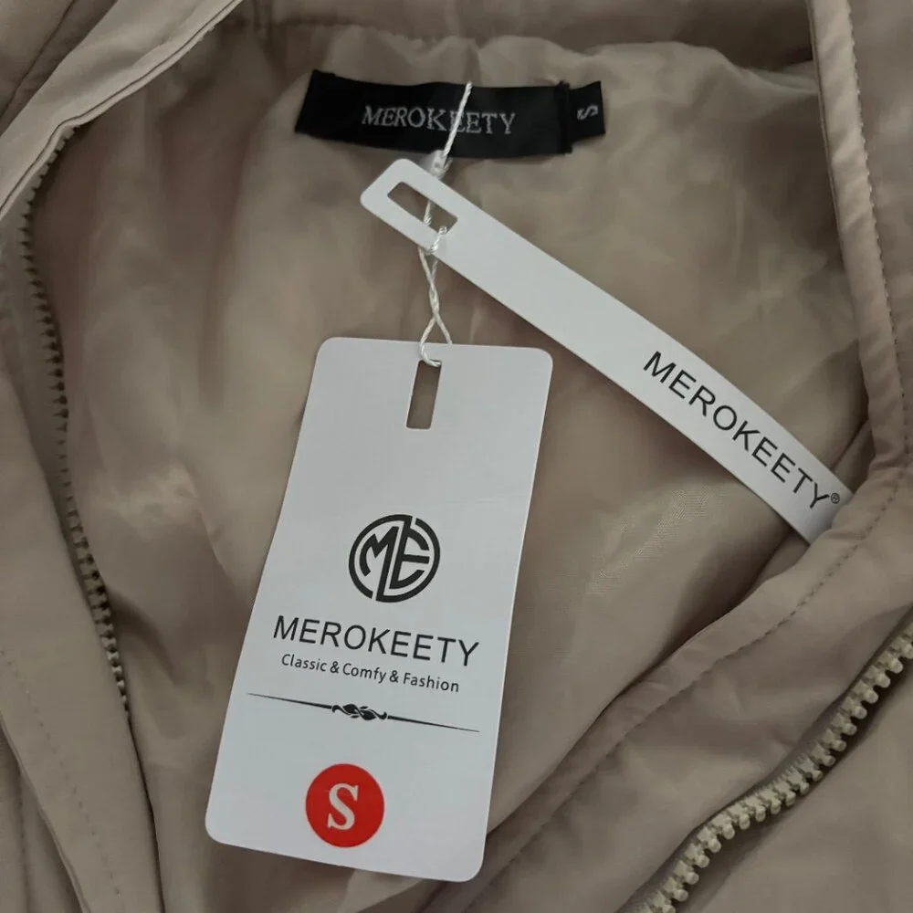 MEROKEETY Womens Winter Long Sleeve Zip Puffer Baggy Short Down Coat S Beige NWT